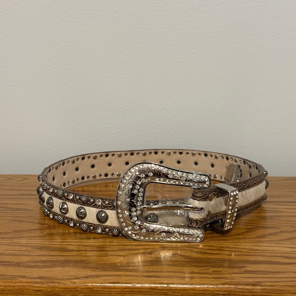 Angel Ranch Womens Western Belt Brown Leather Rhinestone Hair on Hide Studded M